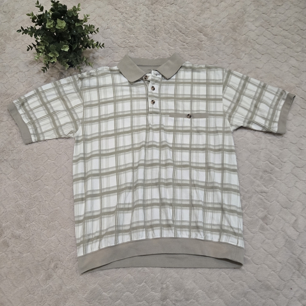 David Taylor Mens Tan & White Banded Cotton-Blend Polo, Size Medium